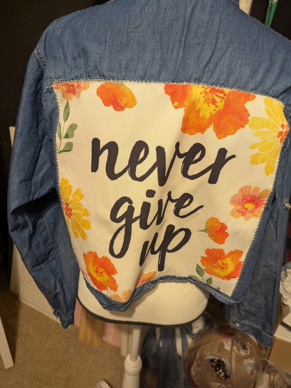 Denim Blouse Floral 'Never Give Up' Back Panel - Blue/Orange Tie Front Buttons